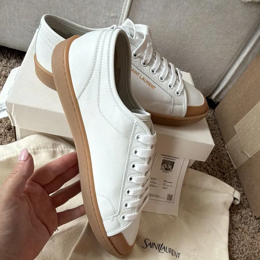 Saint Laurent White Leather Low Top Sneakers Gum Sole Gold Logo EU 40